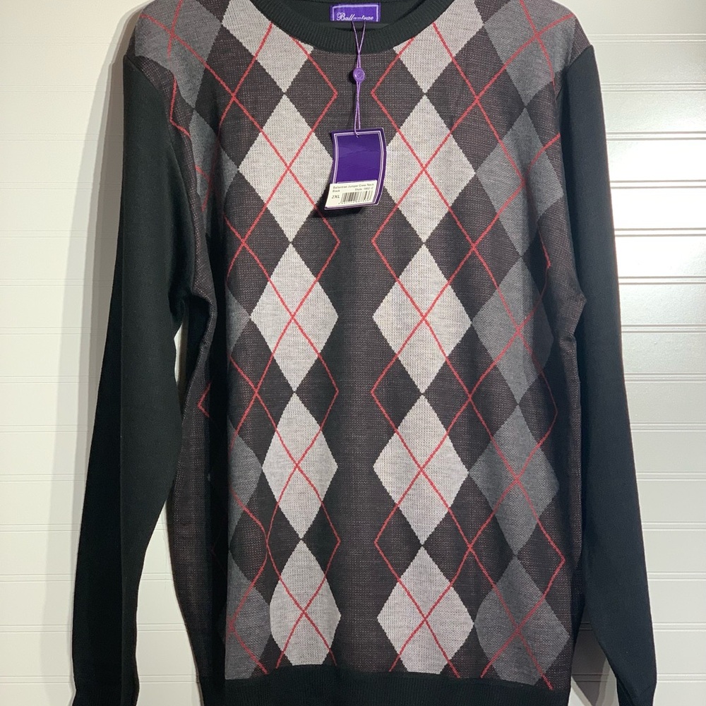 Men’s size 2XL Ballantrae Black & Gray Crewneck Argyle Sweater made in Scotland‎